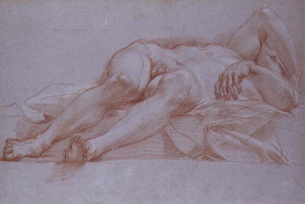 Studie k postavě Sisery, křída na papíře, kolem 1680: předkresba pro mozaiku Jael a Sisera pro kapli Prezentace ve Svatém Petru v Římě. od Carlo Maratta or Maratti