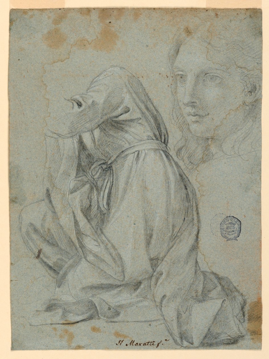 Kresba, studie: Klečící žena. Hlava mladé ženy, 1650-1675 od Carlo Maratti