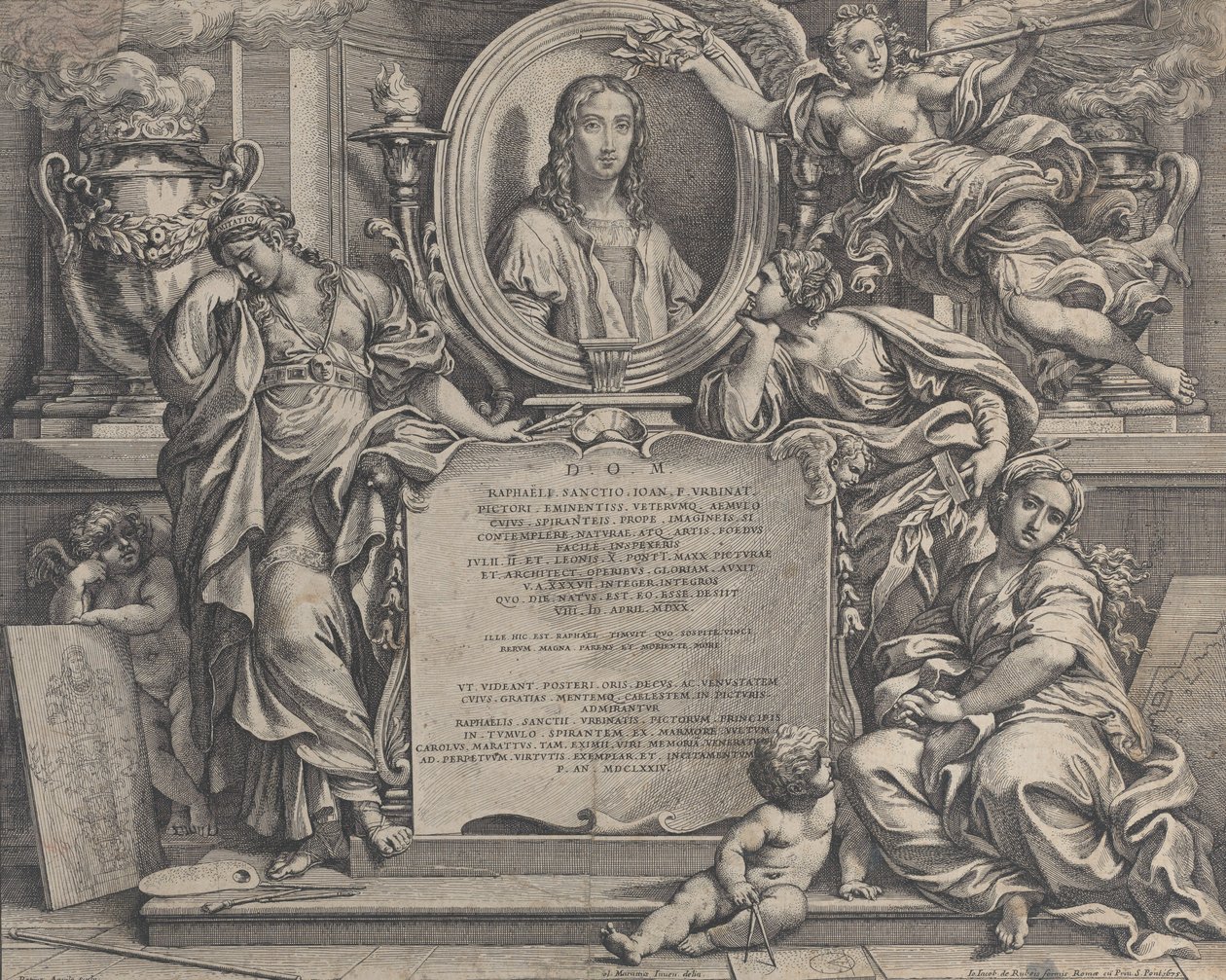 Frontispis s oválným portrétem Raphaela, se třemi alegorickými postavami Umělecké sup..., 1675. od Carlo Maratti
