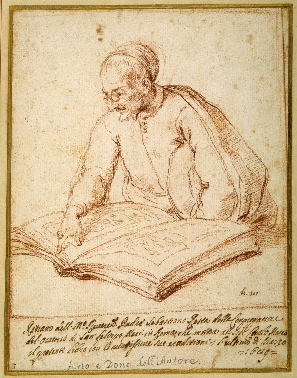 Padre Sebastiano Resta zkoumá folio kreseb (červená křída na papíře) od Carlo Maratti