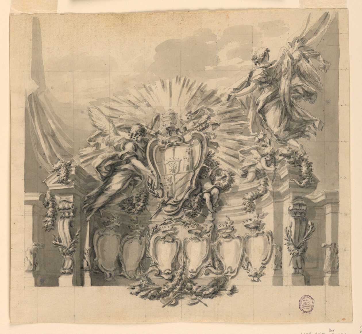 Návrh na výzdobu fasády kostela sv. Petra v Římě pro kanonizaci Giuseppe da Copertina a Jeanne-Françoise de Chantal od Carlo Marchionni