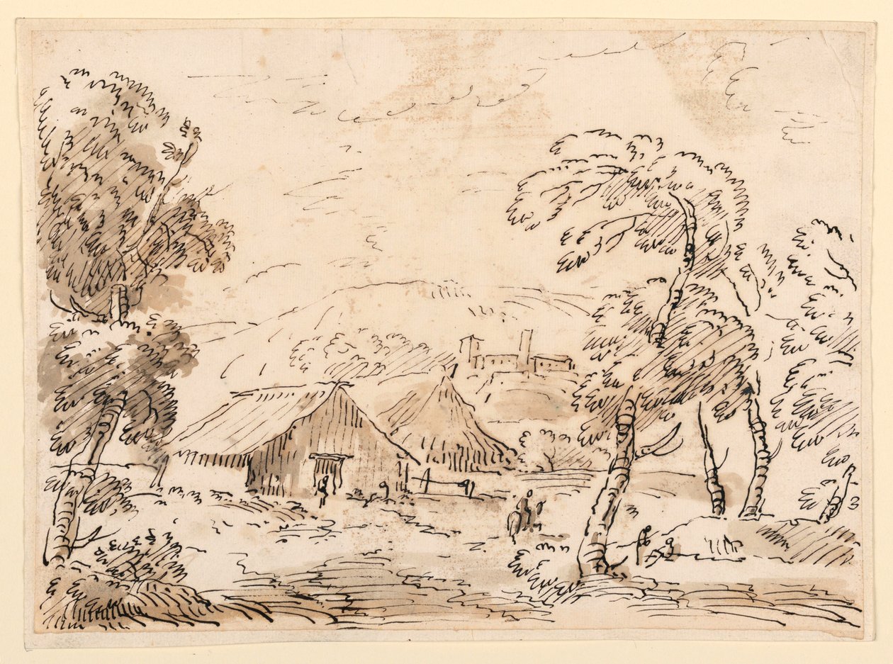 Kresba, Selské obydlí a hrad v hornaté krajině, 1762-1786 od Carlo Marchionni