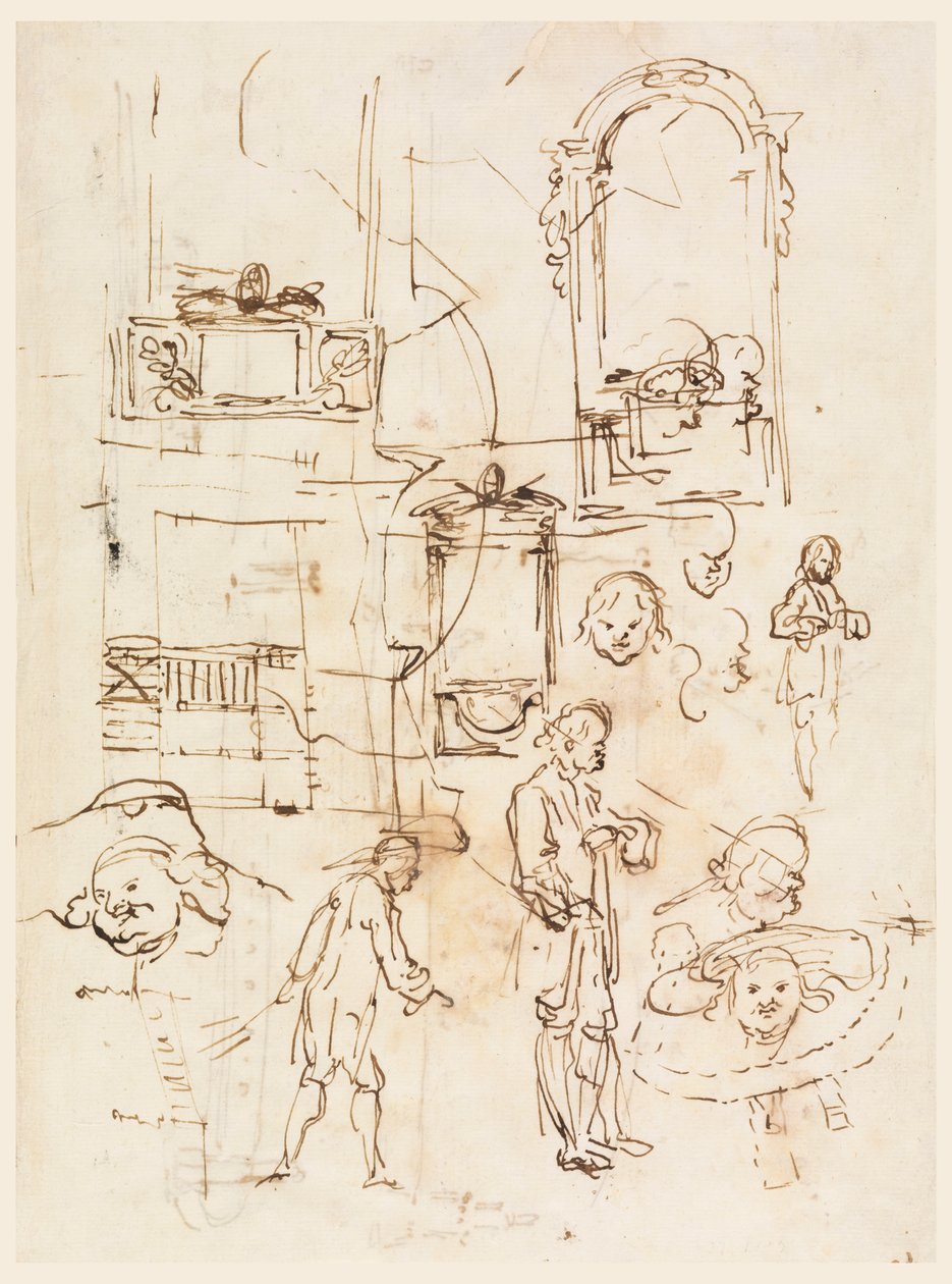 Kresba, architektonické a figurální skici, cca 1760 od Carlo Marchionni