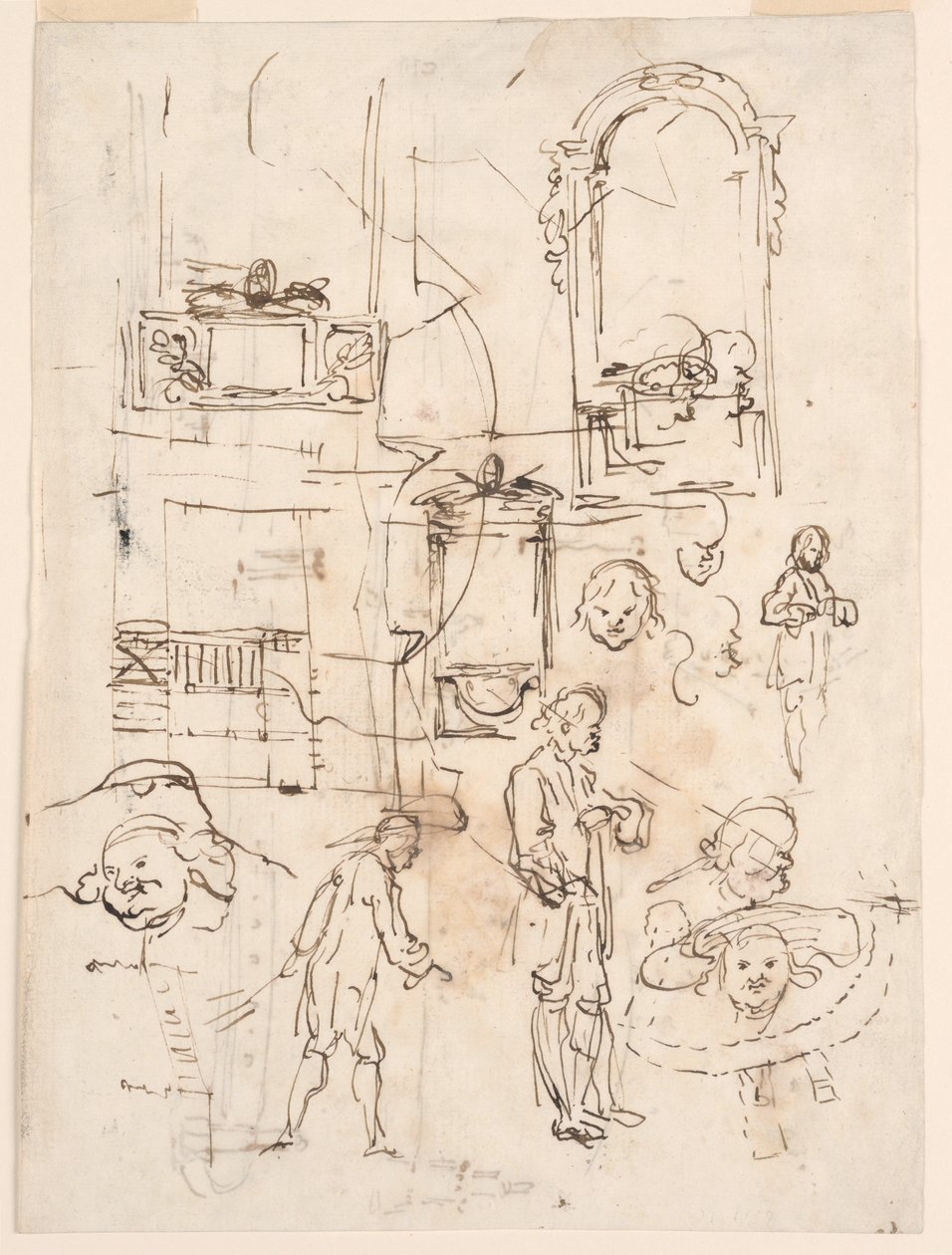 Kresba, architektonické a figurální skici, cca 1760 od Carlo Marchionni