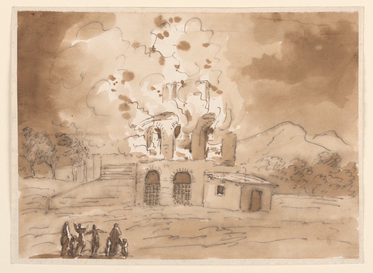 Kresba, Krajina s hořící věží, asi 1780 od Carlo Marchionni