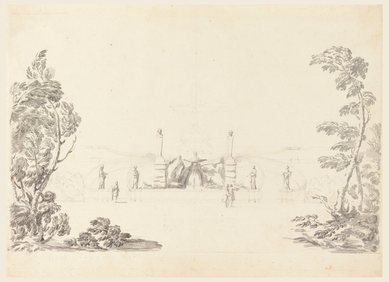 Kresba, náčrtek fontány v parku, 1740 od Carlo Marchionni