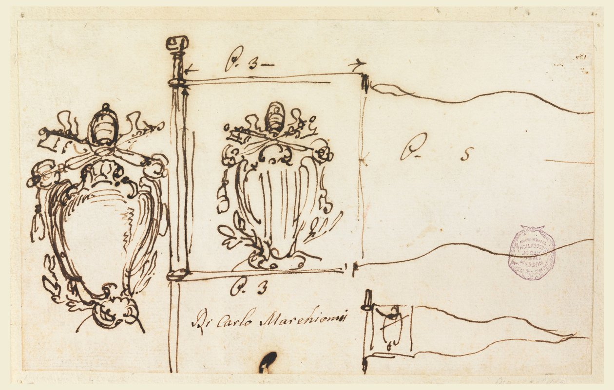 Kresba, Tři náčrty standarty papeže Benedikta XIV., 1740-58 od Carlo Marchionni