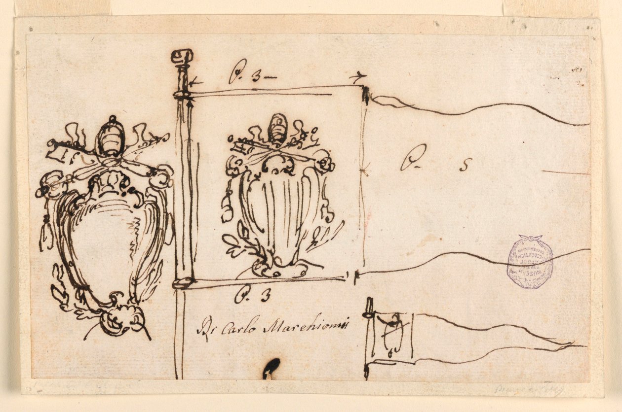 Kresba, Tři náčrty standarty papeže Benedikta XIV., 1740-58 od Carlo Marchionni