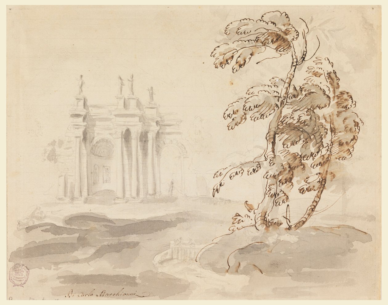 Kresba, Strom v krajině se stavbou, 1756-78 od Carlo Marchionni