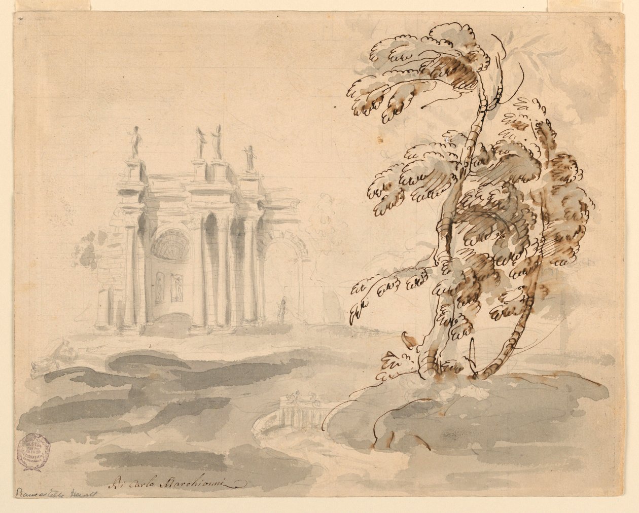 Kresba, Strom v krajině se stavbou, 1756-78 od Carlo Marchionni