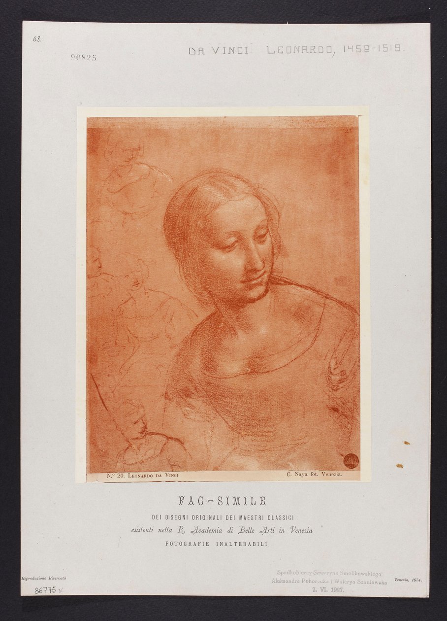 Studie eines weiblichen Büstenbildes, Zeichnung von Leonardo da Vinci (1452-1519) aus der Sammlung der R. Accademia di Belle Arti in Venedig; Tafel aus der Mappe: "Fac-simile dei disegni originali dei maestri classici esistenti nella R. Academia di Belle A od Carlo Naya