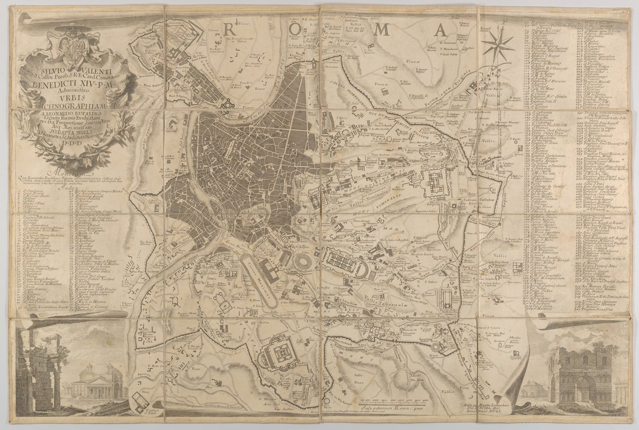Plán starověkého Říma s pohledem na Pantheon vlevo dole a vítězný oblouk spodní plošina..., 1748 od Carlo Nolli