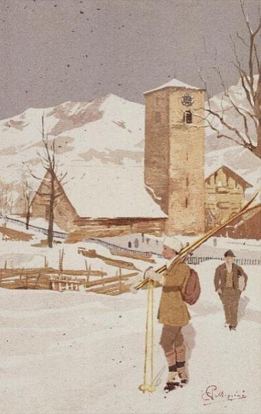Pohled na Adelboden, Švýcarsko (barevné lito) od Carlo Pellegrini