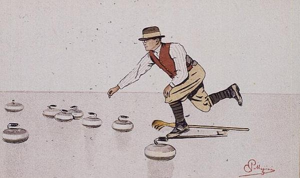 Muž vrhající kámen ve hře curlingu (barva litho) od Carlo Pellegrini