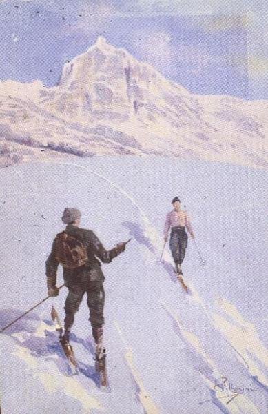 Lyžaři na Mt. Rose, Švýcarsko (barva litho) od Carlo Pellegrini