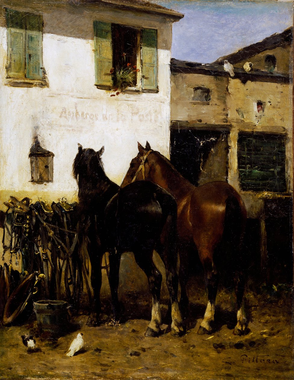Post-horses, obraz Carlo Pittara (1836-1891), olej na plátně, 41x32 cm, Itálie od Carlo Pittara