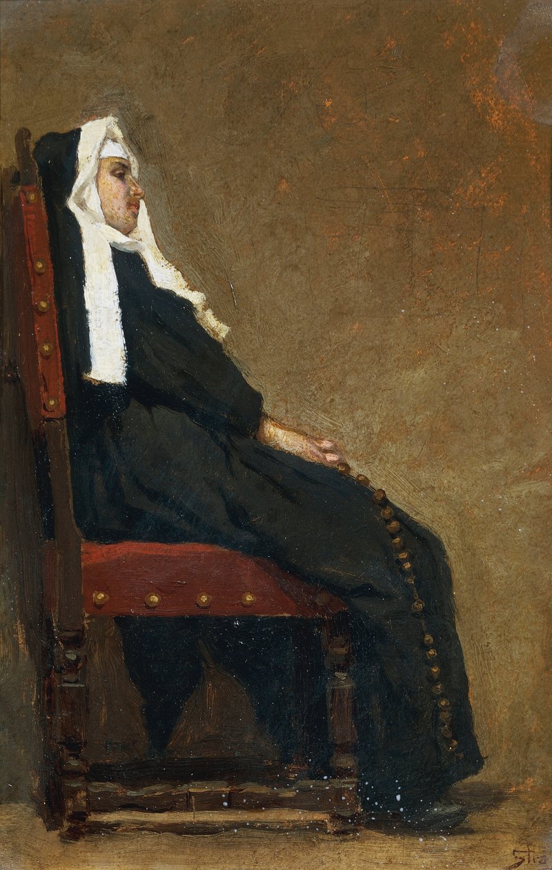 Jeptiška, Carlo Stragliati (1869-1925), olej na kartonu, 30,5x20,5 cm. od Carlo Stragliati