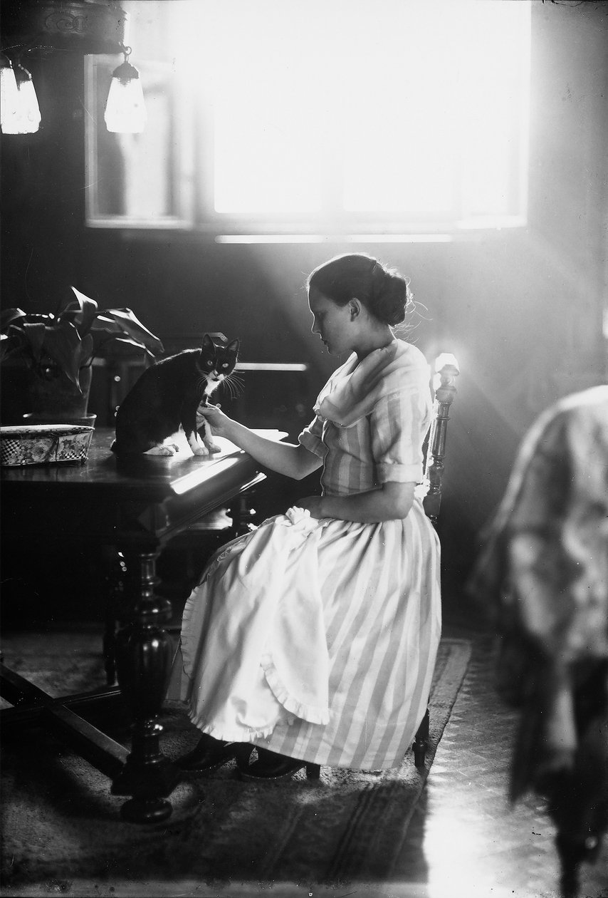 Portrait of Wanda sitting at a table with her cat, Trieste, c.1910 (glass plate) od Carlo Wulz