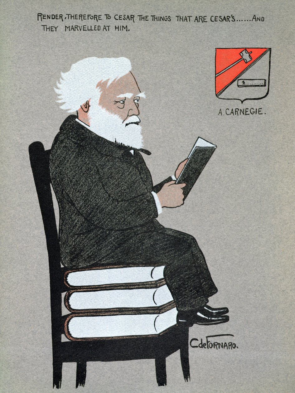Karikatura Andrewa Carnegieho (1835-1919) ilustrace z filmu Milionáři Ameriky od Carlo de Fornaro