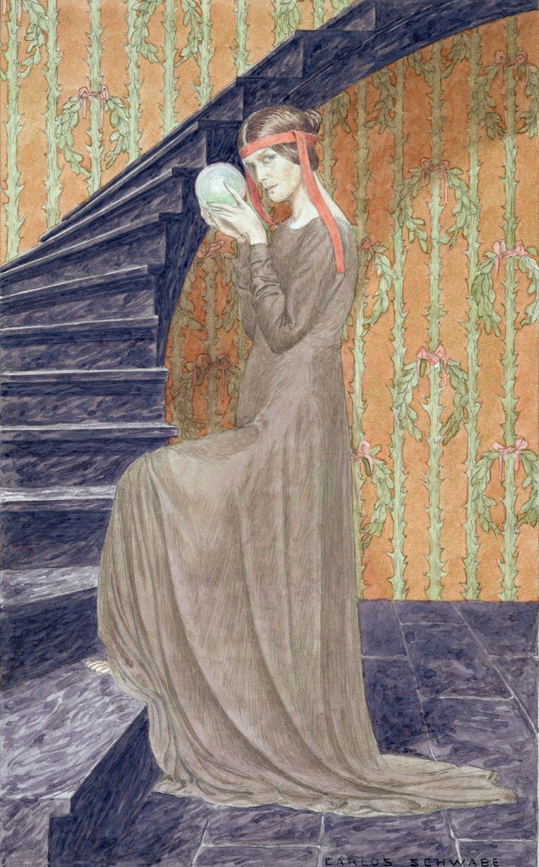 Mladá žena v šatech estetického stylu držící kouli, 1894 od Carlos Schwabe