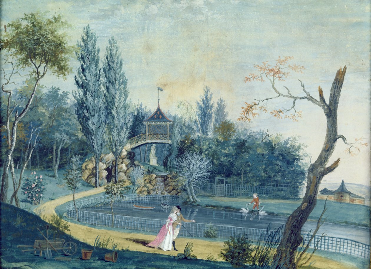 Jezero a čínský pavilon v parku Le Raincy, asi 1754-93 od Louis Carrogis dit Carmontelle
