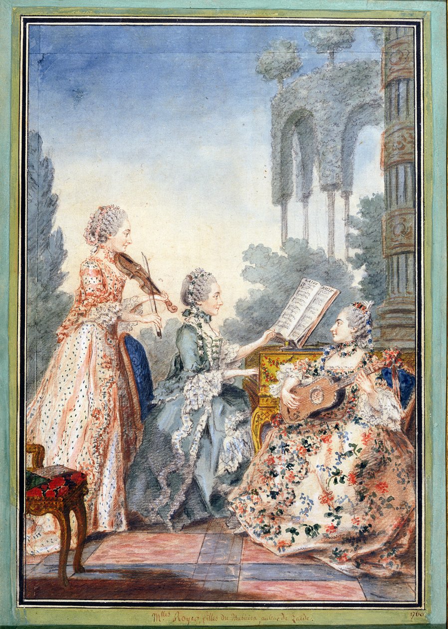 Tři dcery skladatele Josepha-Nicolas-Pancrace Royera (asi 1705-55) hrají hudbu z jeho baletu Zaide, kolem roku 1760 od Louis Carrogis dit Carmontelle