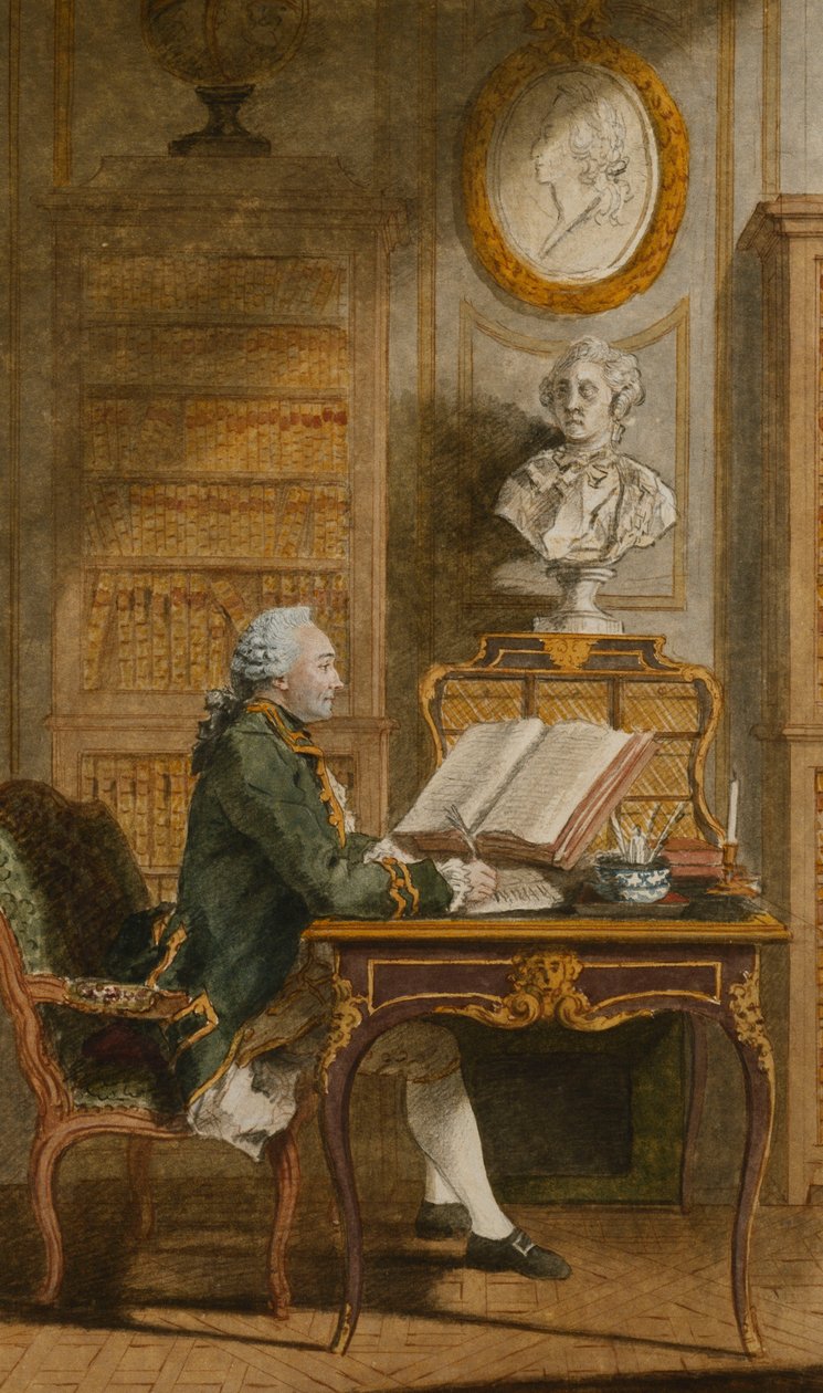 Monsieur de Cormainville ve své knihovně, píše u svého stolu, od Carmontelle
