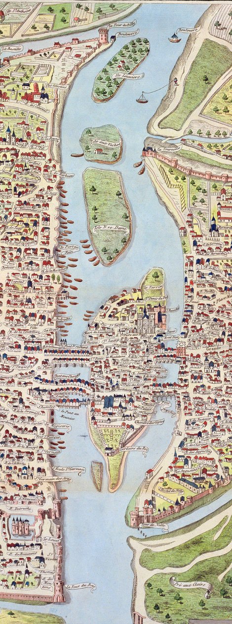 Detail Ile de la Cité, z mapy Paříže c. 1540, známý jako Plan de la Tapisserie, vyroben jako gobelín kolem roku 1570, 1818 barevná rytina od Caroline Naudet