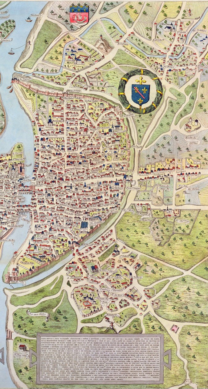 Detail levého břehu, z mapy Paříže c. 1540, známý jako Plan de la Tapisserie, vyroben jako gobelín kolem roku 1570, 1818 barevná rytina od Caroline Naudet