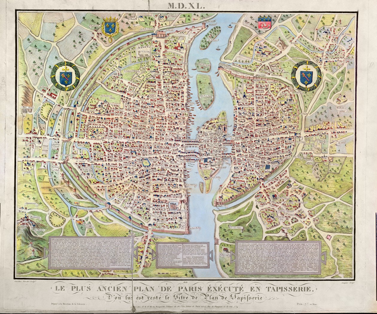 Mapa Paříže kolem roku 1540, známá jako Plan de la Tapisserie, vyrobená jako gobelín kolem roku 1571, 1818 (barevná rytina) od Caroline Naudet