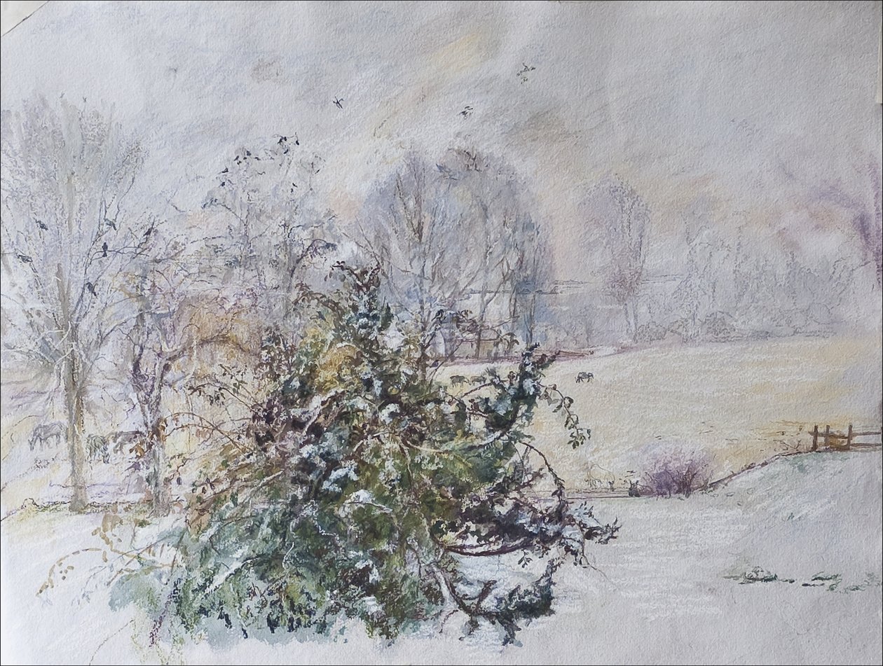 Zima z našeho okna, 2009 (pastel & wc na papíře) od Caroline Hervey Bathurst