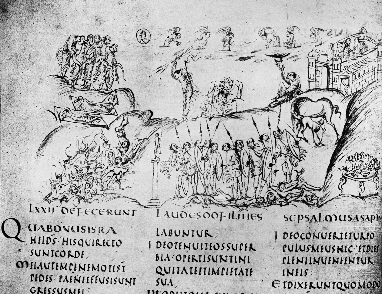 Ilustrace různých scén z jednoho ze žalmů, z Utrechtského žalmu, kopie originálu z Remeše nyní v knihovně Utrechtské univerzity (pero a inkoust) od Carolingian School