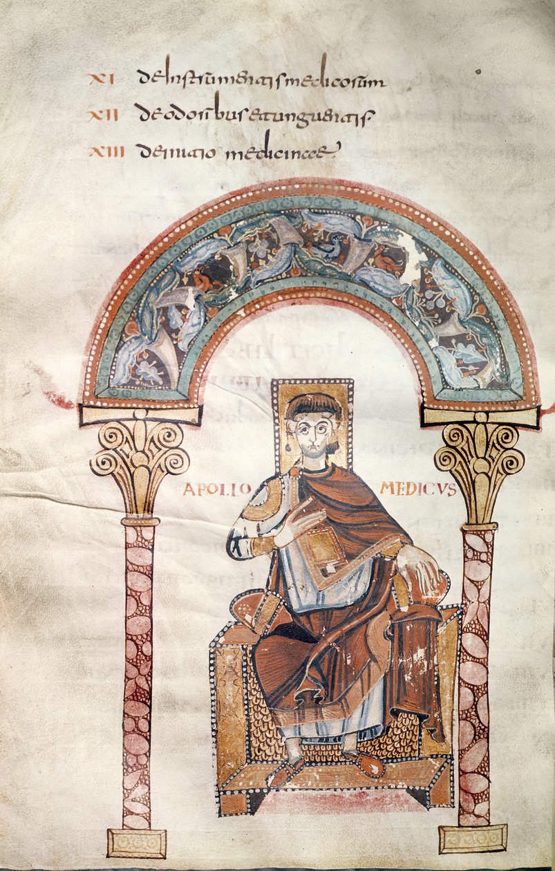 Ms CCII fol.91v Apollo Medicus, z Etymologiae od Isidora ze Sevilly od Carolingian School