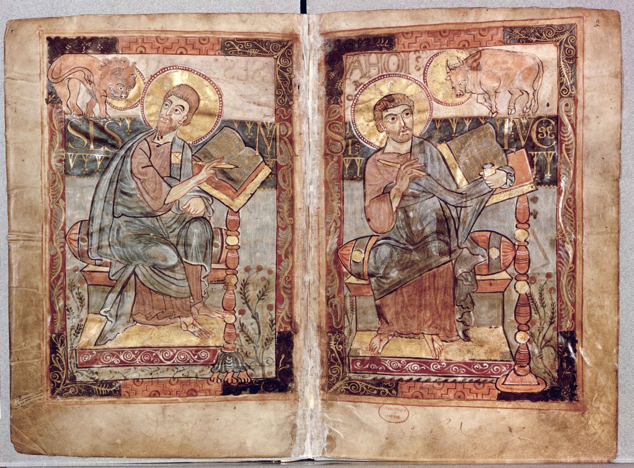 NAL 1203 fol.1v-2 Svatý Marek a sv. Lukáš, z evangelia Godescale, kolem 1781-783 od Carolingian School
