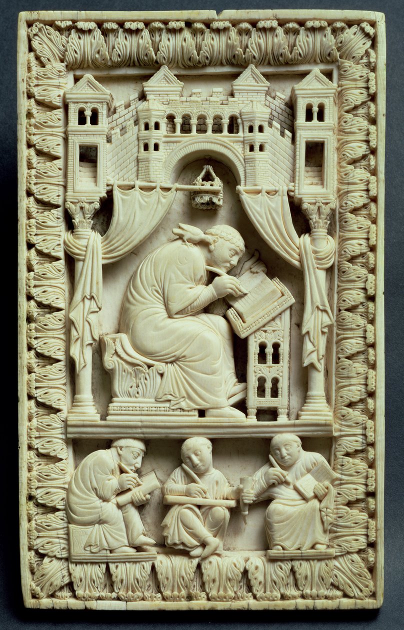 Svatý Řehoř píše s písaři pod sebou, francouzsko-německá škola, asi 850-875 od Carolingian School
