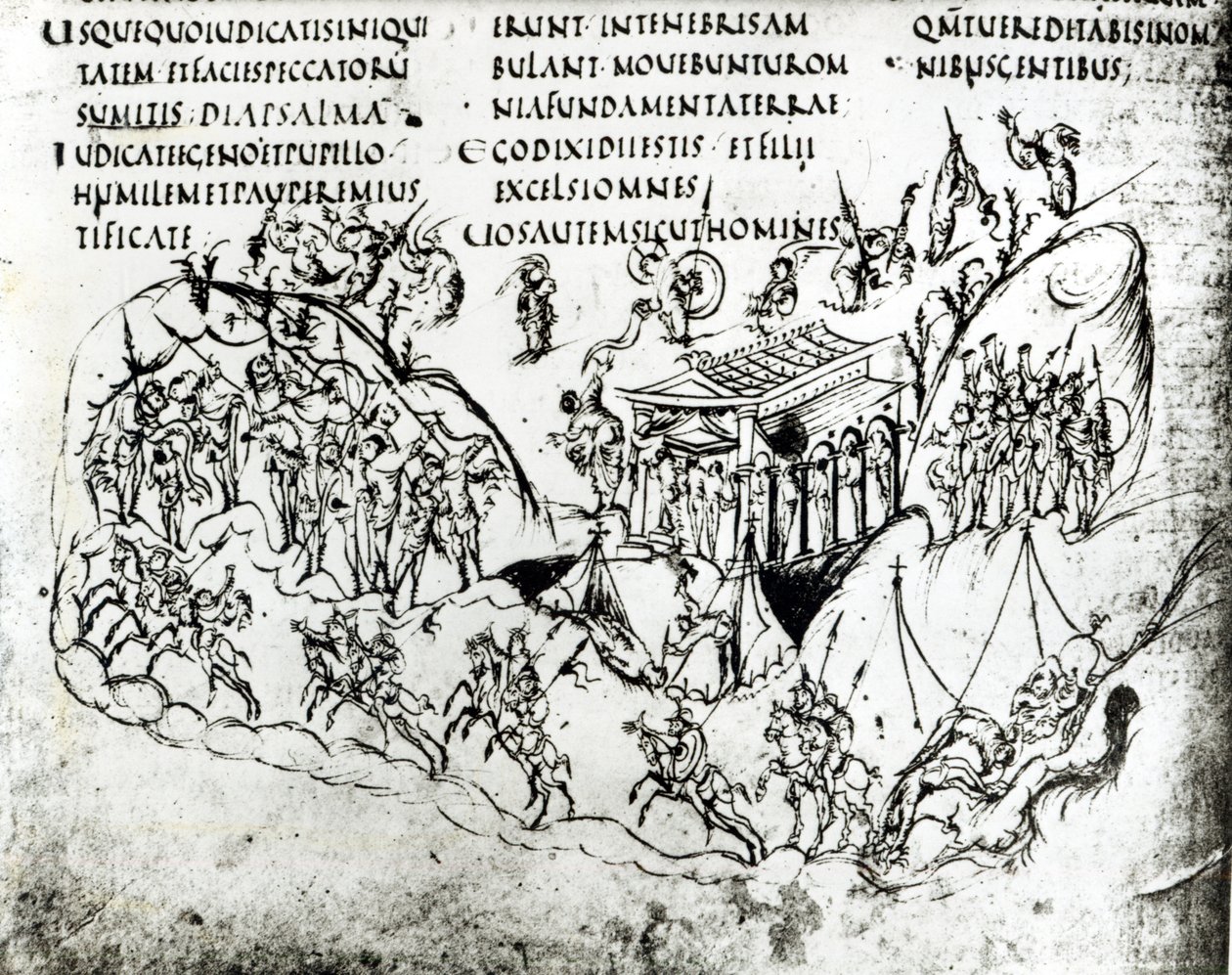 Různé scény ilustrující žalm z Utrechtského žaltáře, kopie originálu z Remeše nyní v knihovně Utrechtské univerzity (pero a inkoust) od Carolingian School