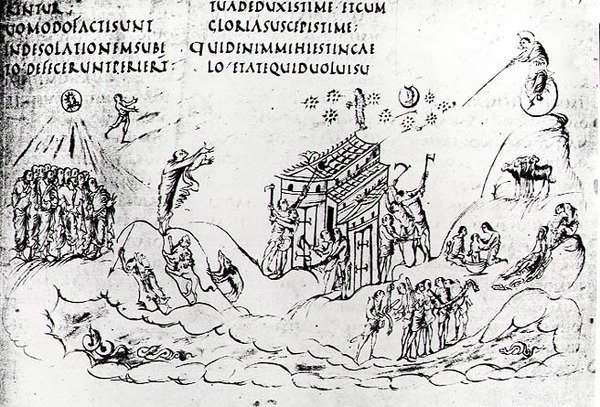 Různé scény ilustrující jeden ze žalmů z Utrechtského žalmu, kopie originálu z Remeše nyní v knihovně Utrechtské univerzity (pero a inkoust) od Carolingian School