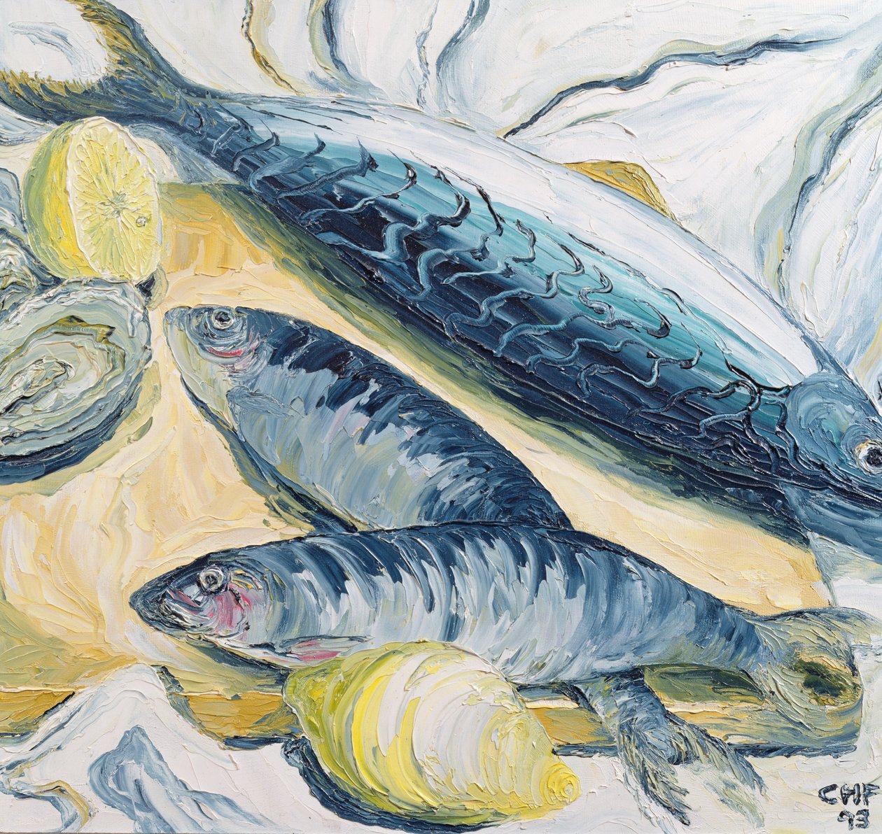 Makrela s ústřicemi a citrony, 1993 (olej na papíře) od Carolyn Hubbard Ford