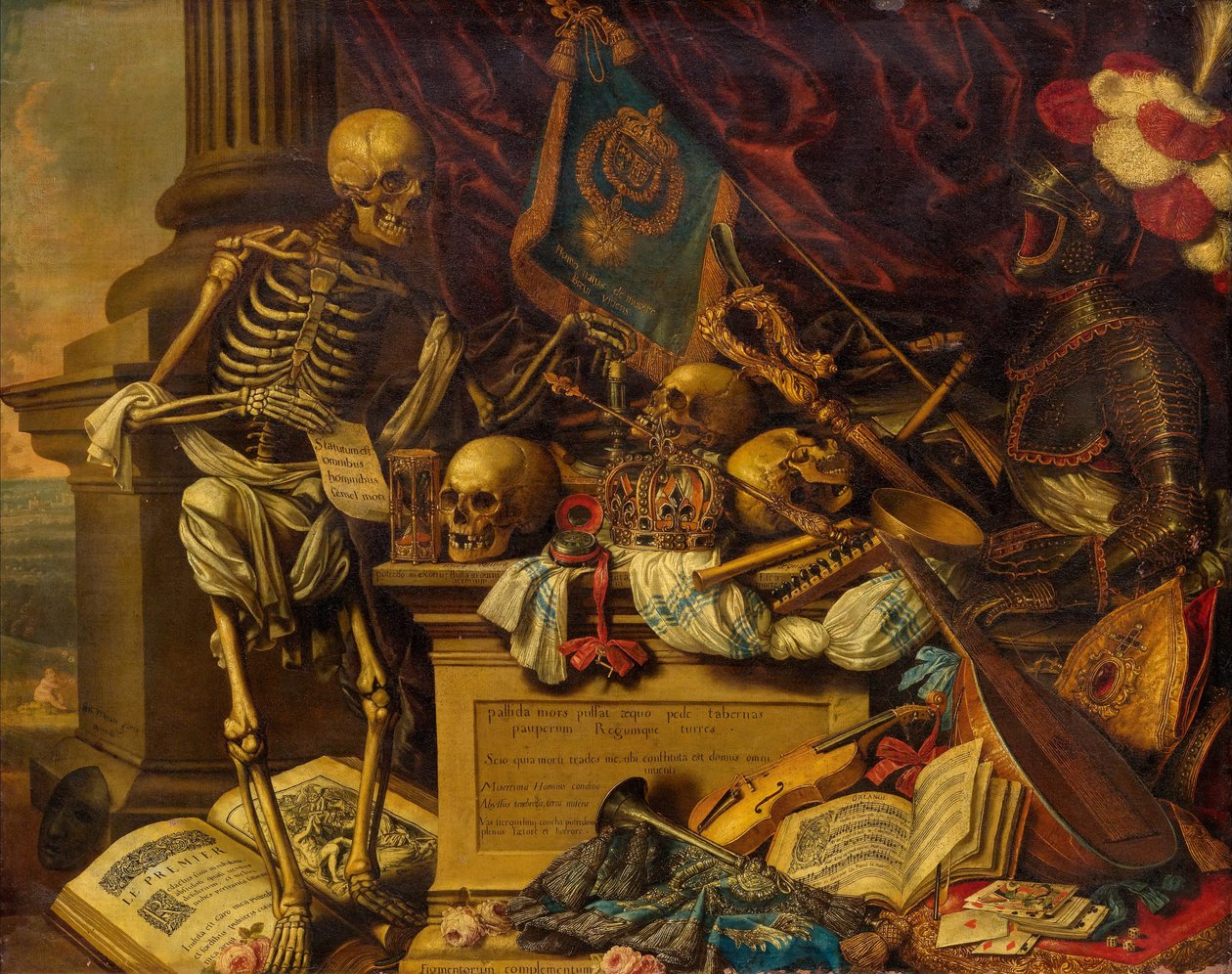 Zátiší Vanitas s hudebními nástroji, knihami, notami, kostrou, lebkou a brněním, 17. od Carstian Luyckx