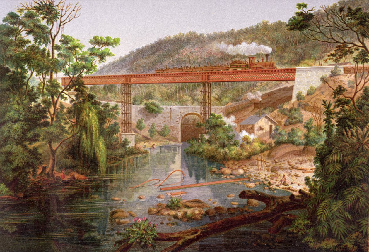 Železniční most v Atoyacu, z „Alba mexické železnice“ od Antonia Garcíi Cubase, vydaného 1878 (chromolitho) od Casimiro Castro