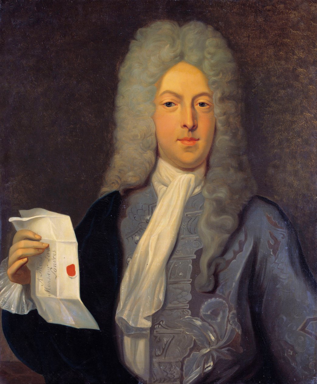 Portrét Johna Lawa (1671 - 1729) Finanční kontrolor, Scottish Financial, který způsobil bankrot v roce 1720 (událost Quincampoix Street). Obraz Casimír Balthasar (1811-1875) od Casimir de Balthasar