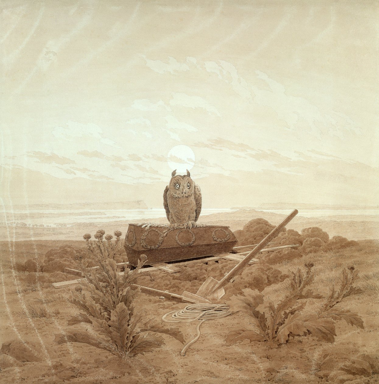 Krajina s hrobem, rakví a sovou (sépiový inkoust a tužka na papíře) od Caspar David Friedrich