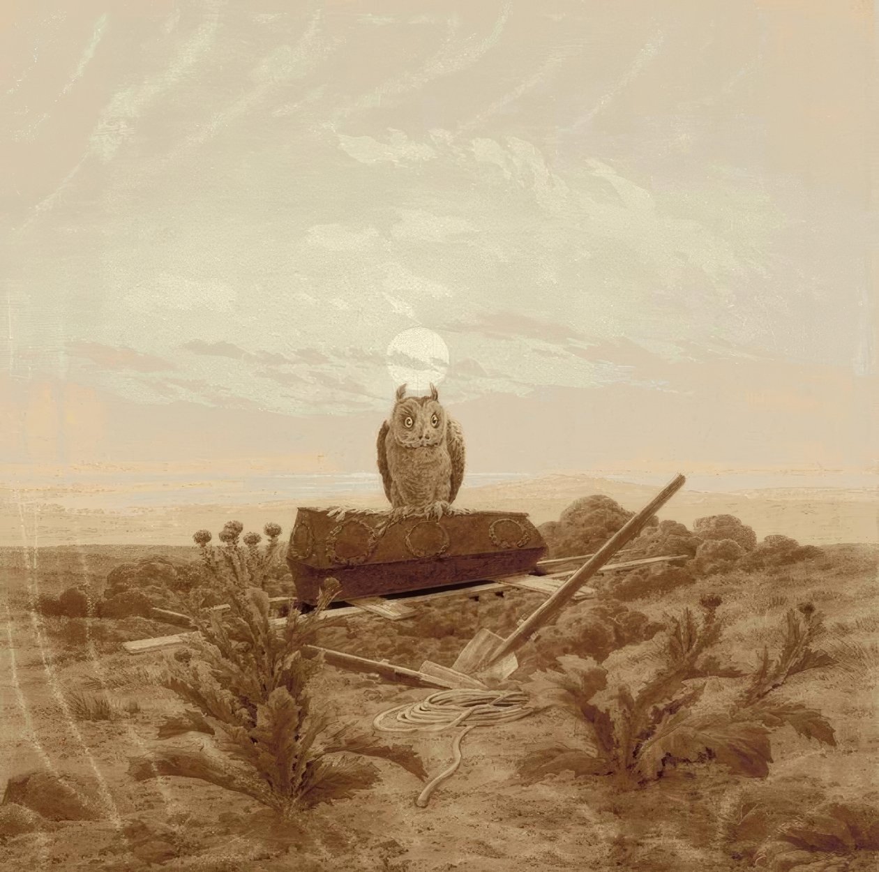 Krajina s hrobem, rakví a sovou od Caspar David Friedrich