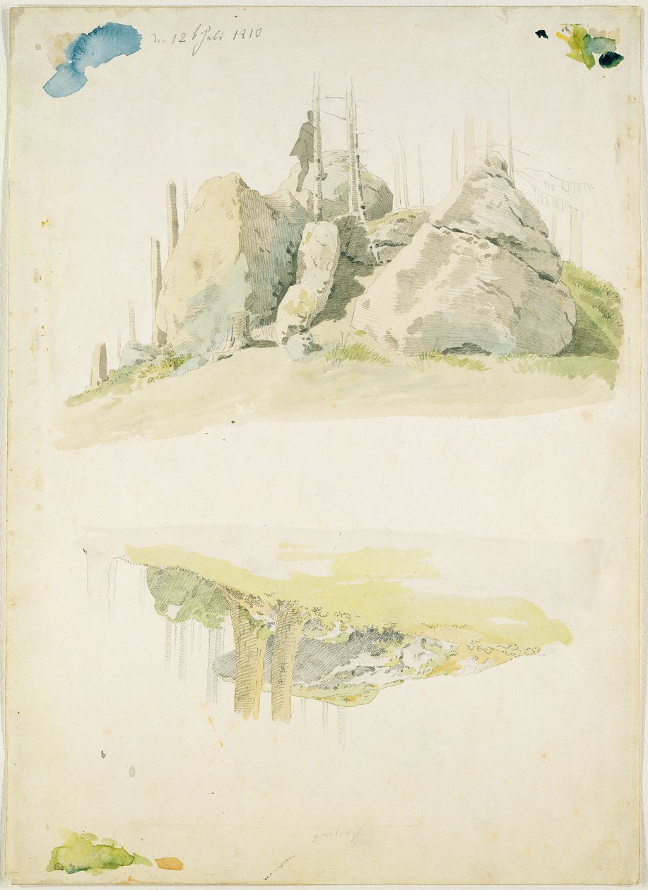 Rock and Tree: Two Studies, 12. července 1810 (wc a tužka na papíře) od Caspar David Friedrich