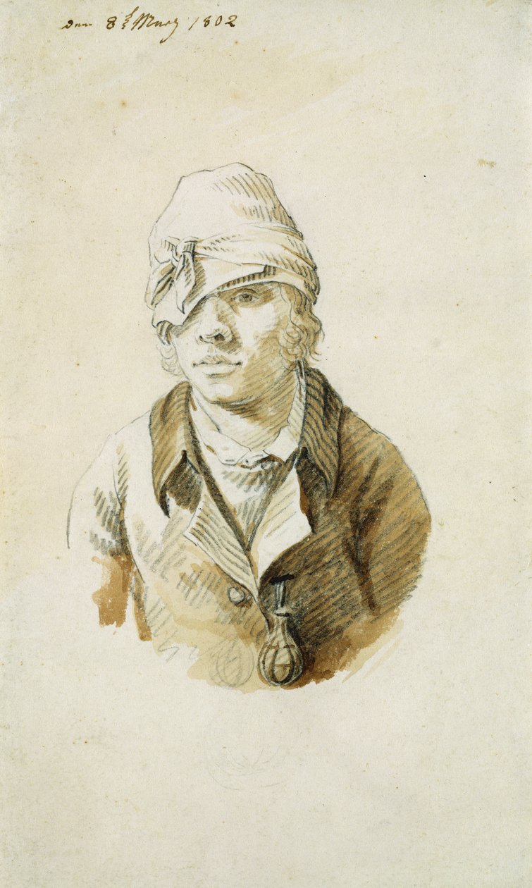 Autoportrét s čepicí a nášivkou, 8. května 1802 (tužka, štětec a wc na papíře) od Caspar David Friedrich