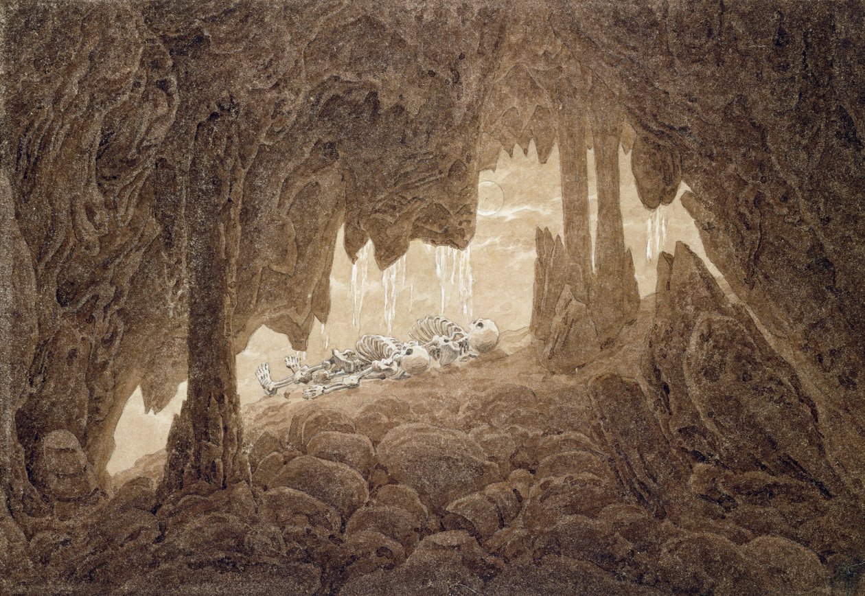 Kostra v jeskyni (sépiový inkoust a tužka na papíře) od Caspar David Friedrich