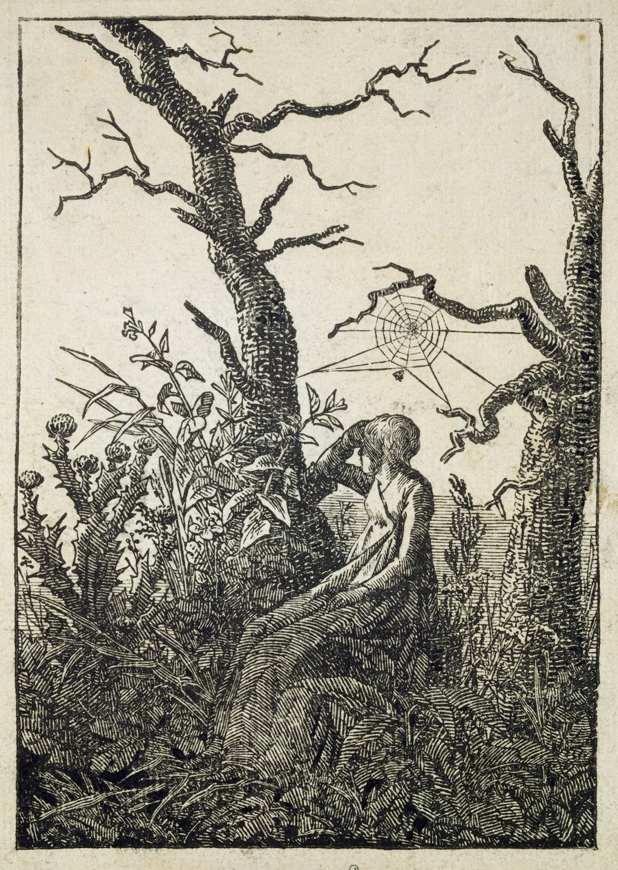 Žena s pavučinou uprostřed stromů bez listí od Caspar David Friedrich
