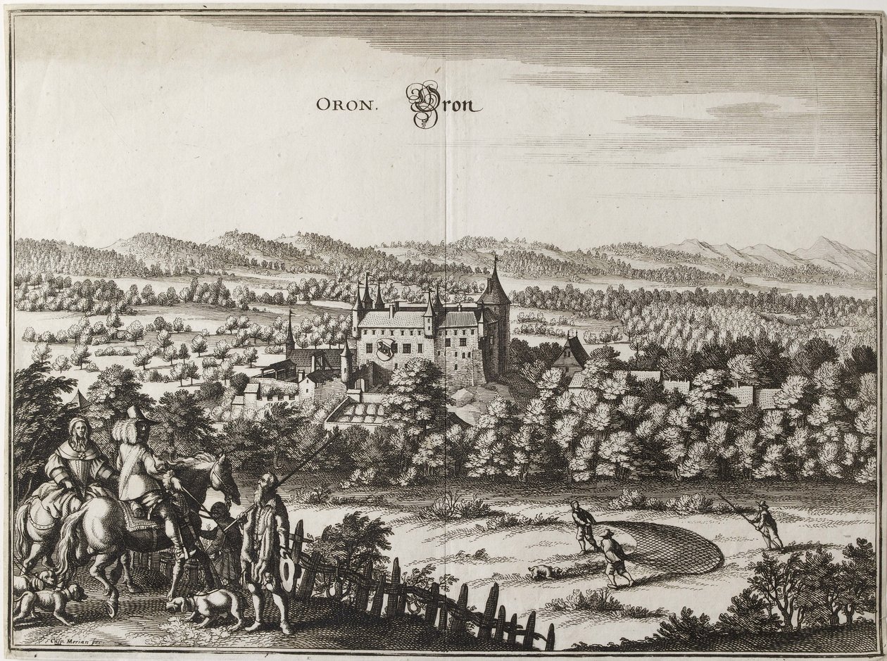 Pohled na hrad Oron, Švýcarsko, 1653 od Caspar Merian