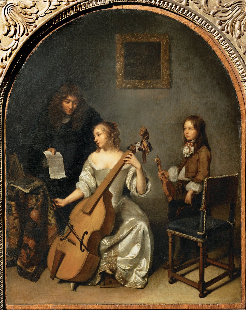 La lecon de basse de viol - Lekce hry na violoncello ... od Caspar (studio of) Netscher