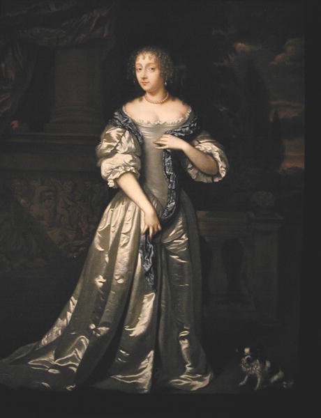 Portrét lady Philippy Stantonové a jejího psa stojících na terase u sochařského vlysu (olej na plátně) od Caspar (studio of) Netscher
